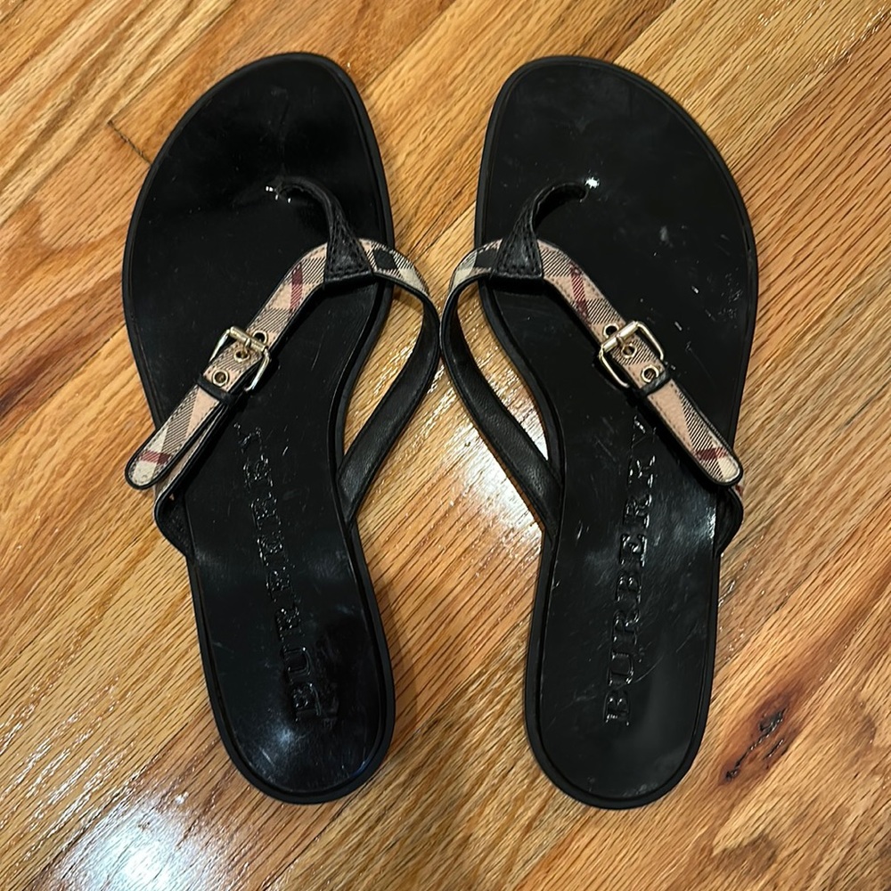 Burberry Leather Plaid Print Flip Flops